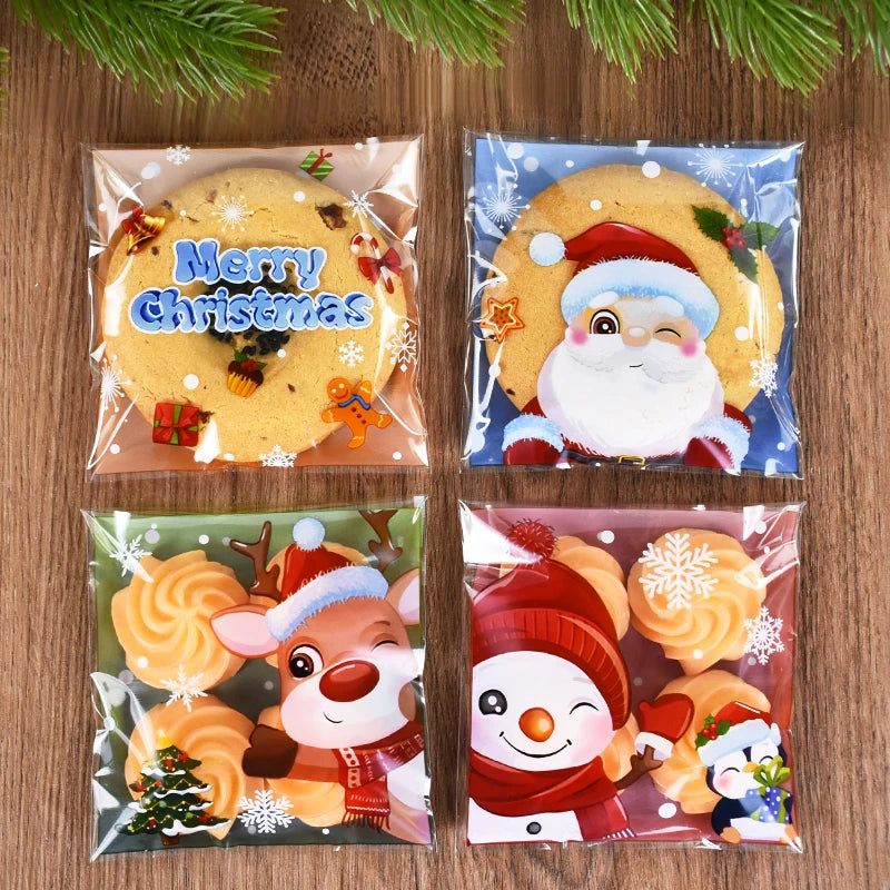 100pcs Christmas Candy Cookie Bags Cartoon Santa Claus Biscuit Gift Packaging Bag 2024 Merry Xmas Navidad Party Favor Supplies