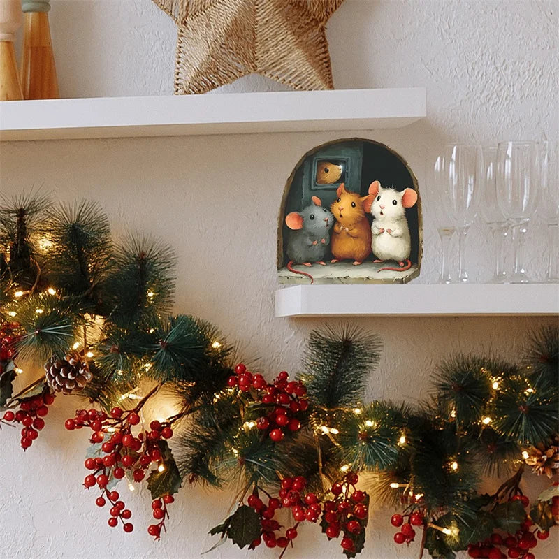 1PC 3D Effect Personalized Mouse Hole Sticker Cartoon Christmas Mouse Hole PVC Wall Stickers DIY Living Room Home Decoration