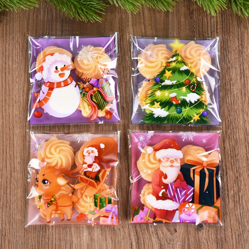 100pcs Christmas Candy Cookie Bags Cartoon Santa Claus Biscuit Gift Packaging Bag 2024 Merry Xmas Navidad Party Favor Supplies