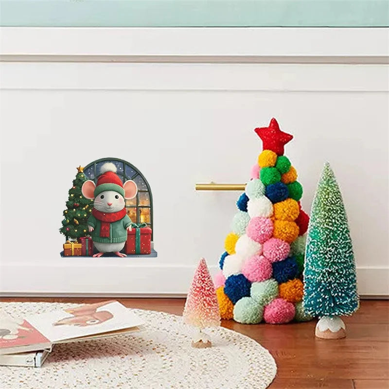 1PC 3D Effect Personalized Mouse Hole Sticker Cartoon Christmas Mouse Hole PVC Wall Stickers DIY Living Room Home Decoration