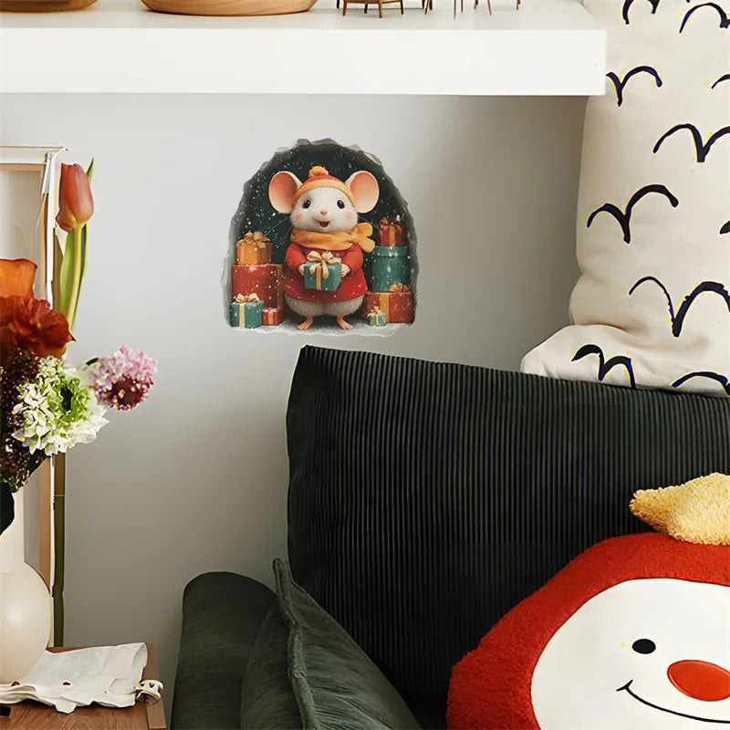 1PC 3D Effect Personalized Mouse Hole Sticker Cartoon Christmas Mouse Hole PVC Wall Stickers DIY Living Room Home Decoration