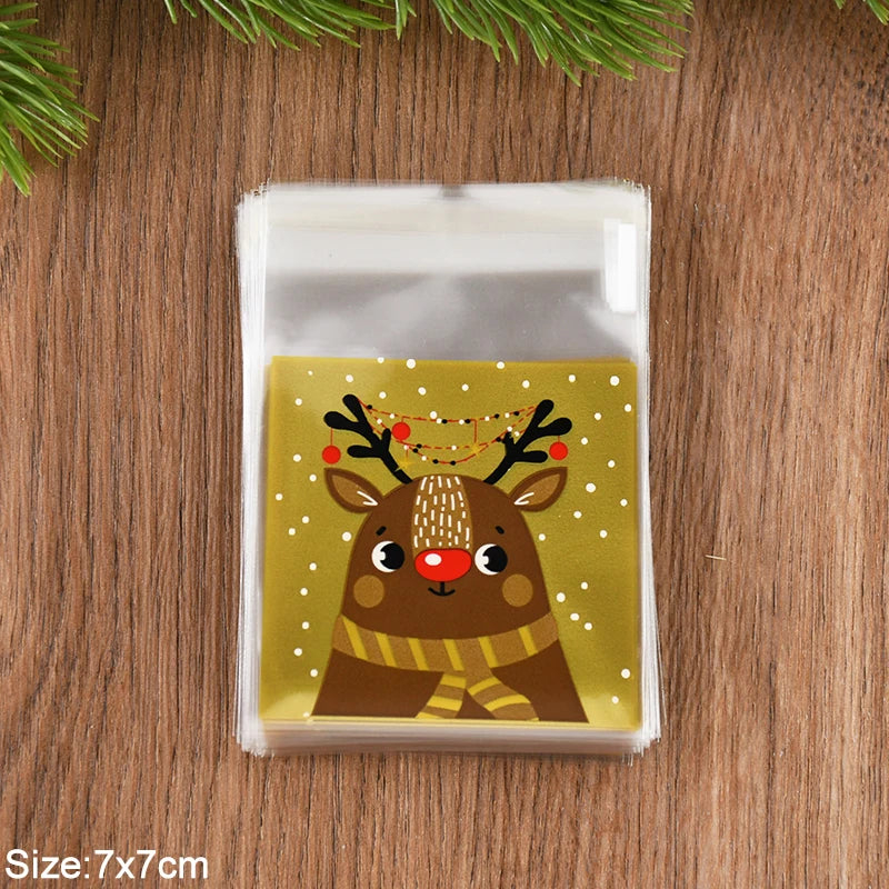 100pcs Christmas Candy Cookie Bags Cartoon Santa Claus Biscuit Gift Packaging Bag 2024 Merry Xmas Navidad Party Favor Supplies