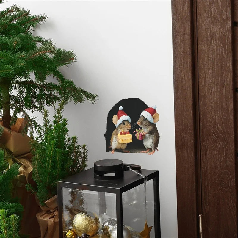 1PC 3D Effect Personalized Mouse Hole Sticker Cartoon Christmas Mouse Hole PVC Wall Stickers DIY Living Room Home Decoration