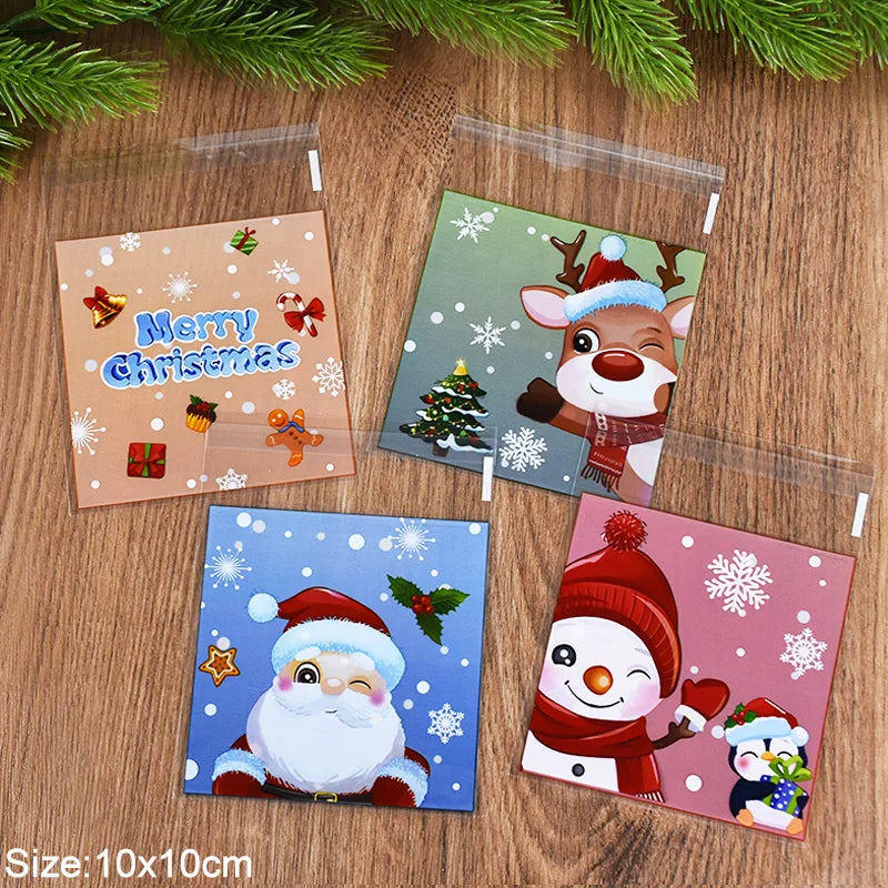 100pcs Christmas Candy Cookie Bags Cartoon Santa Claus Biscuit Gift Packaging Bag 2024 Merry Xmas Navidad Party Favor Supplies