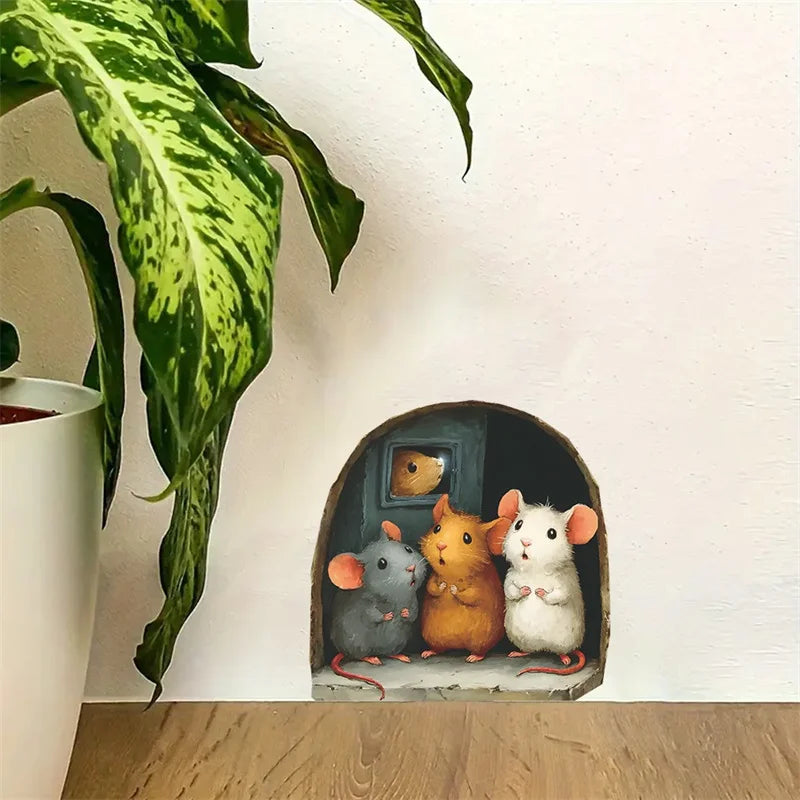1PC 3D Effect Personalized Mouse Hole Sticker Cartoon Christmas Mouse Hole PVC Wall Stickers DIY Living Room Home Decoration