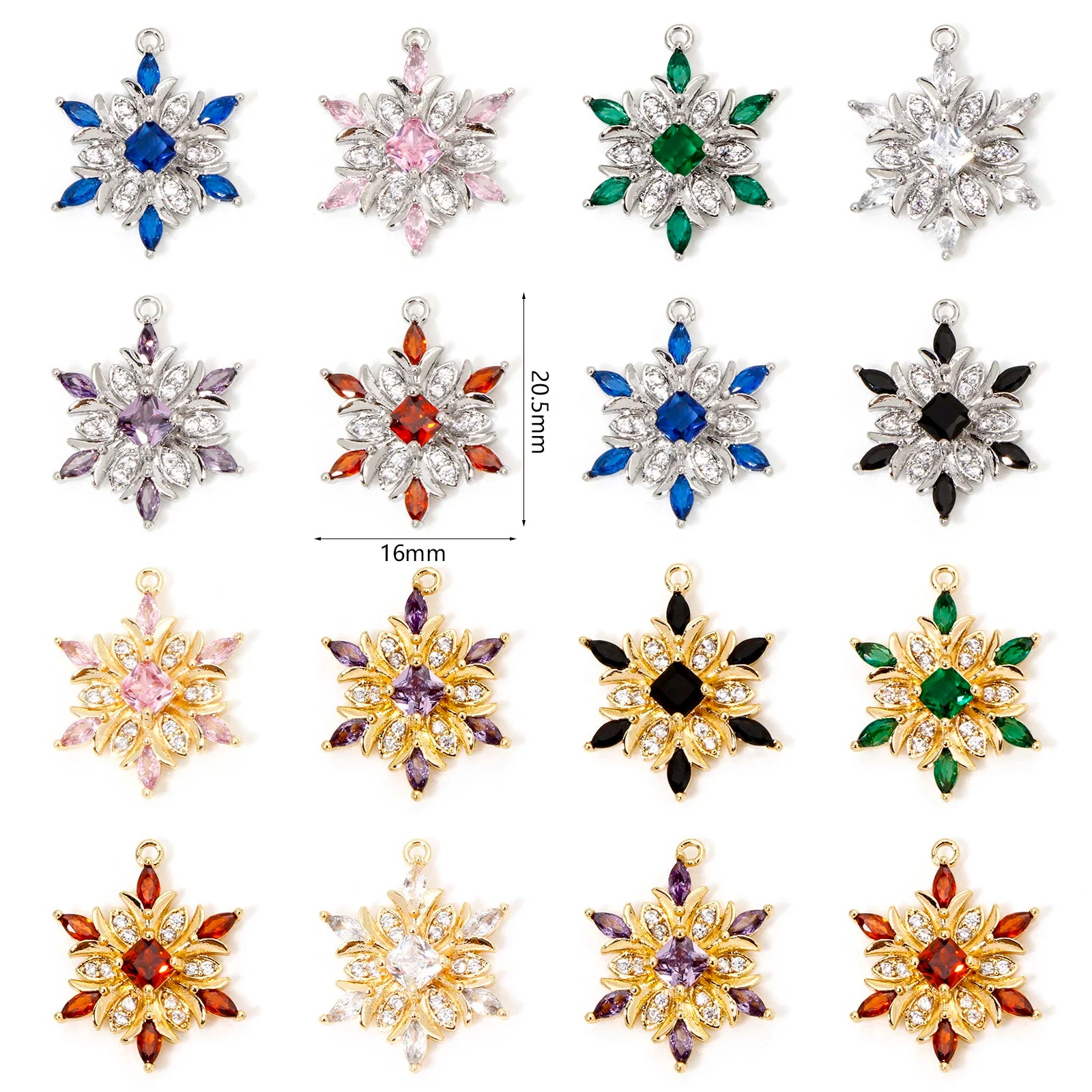 1 Piece Brass Christmas Charms Snowflake Clear Cubic Zirconia Multicolor Rhinestone Pendants For Necklace Making 20.5mm x 16mm
