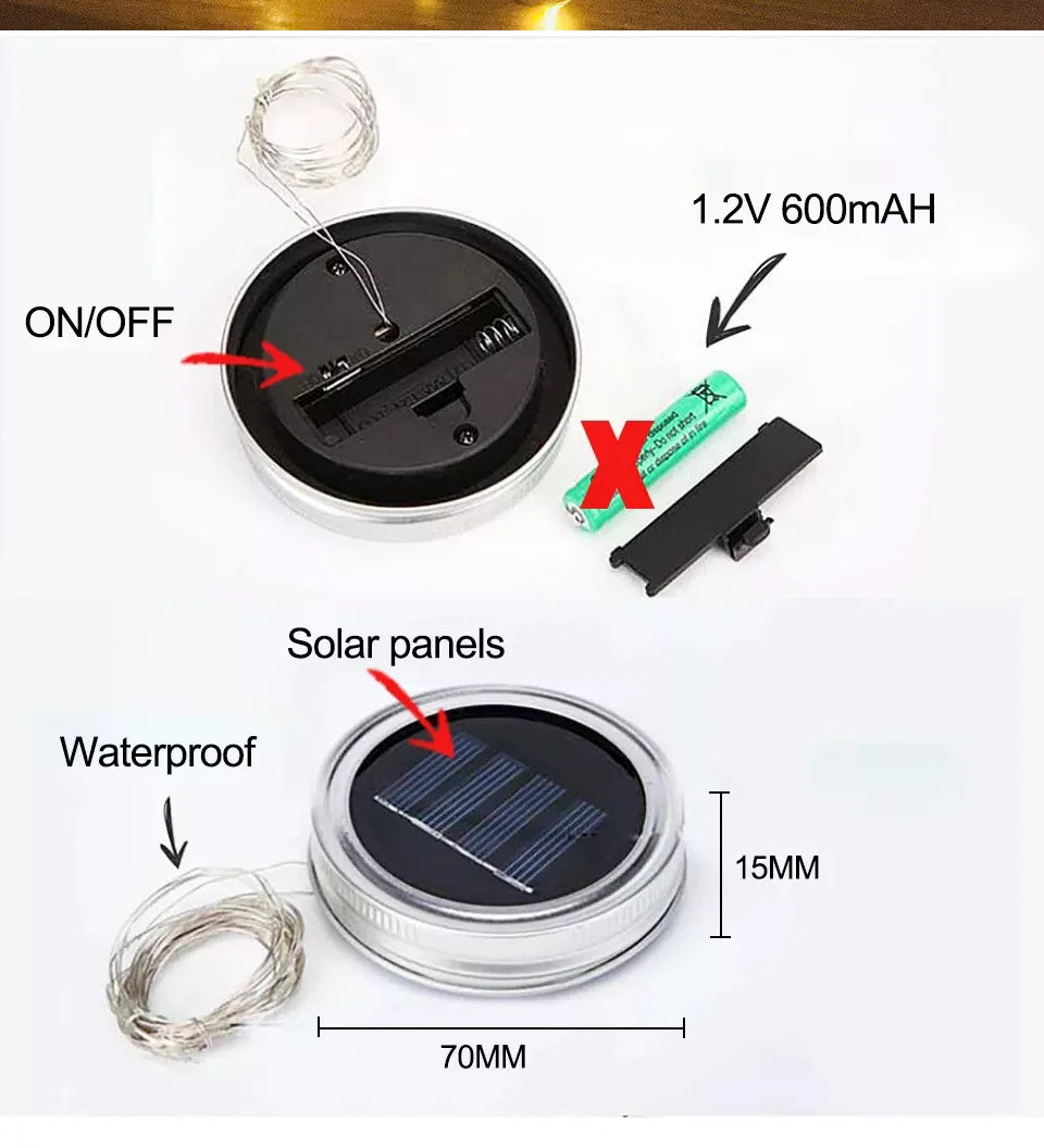 20PCS LED Solar Power Mason Jar Lid Lights Waterproof Fairy Light String Lights Outdoor Garland Bar Wedding Christmas Decoration