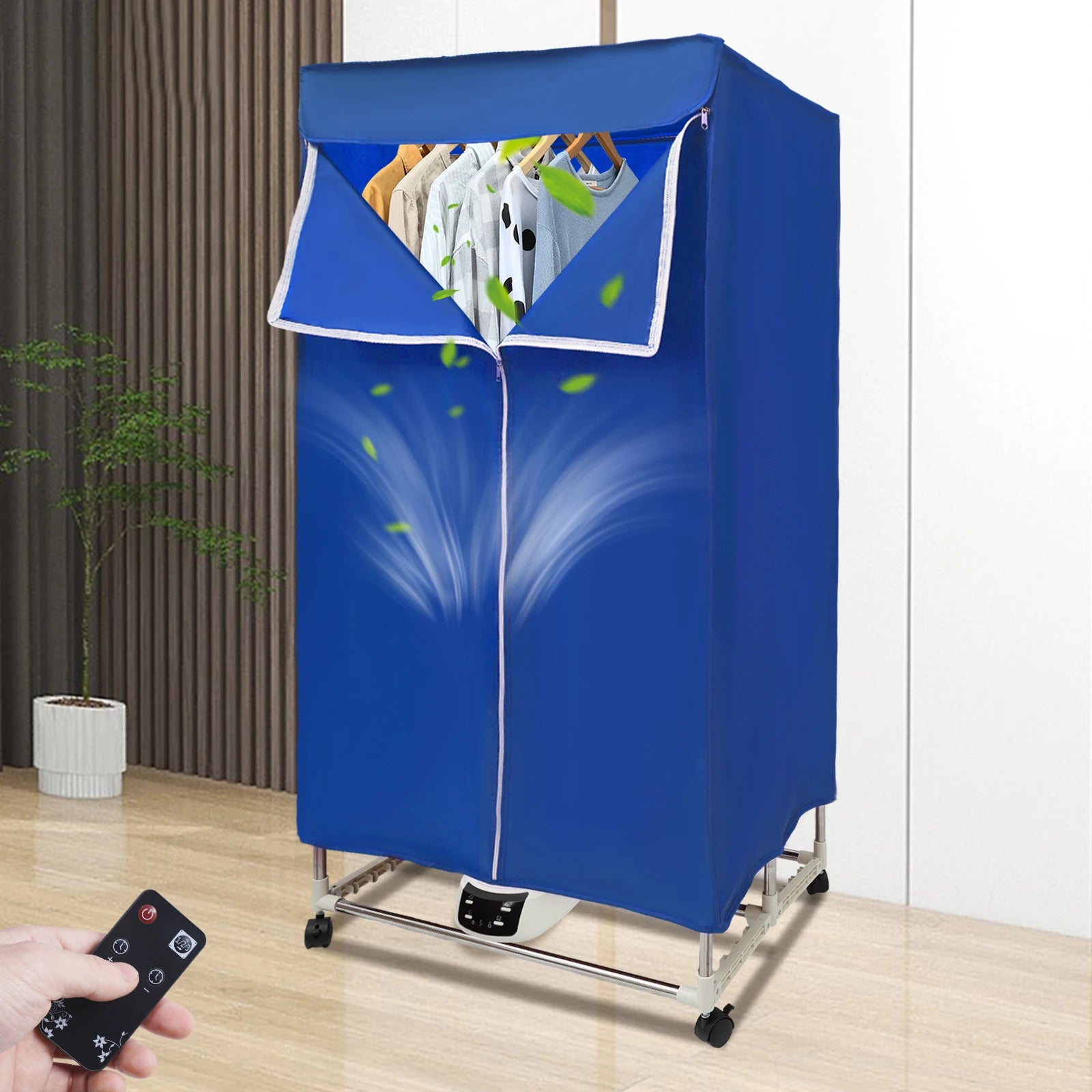 1200-1500W IPX1 Corded Electric Clothes Dryer with Outer Cover PTC 5-layer Heating 4 Towel Rails 4 Wheels