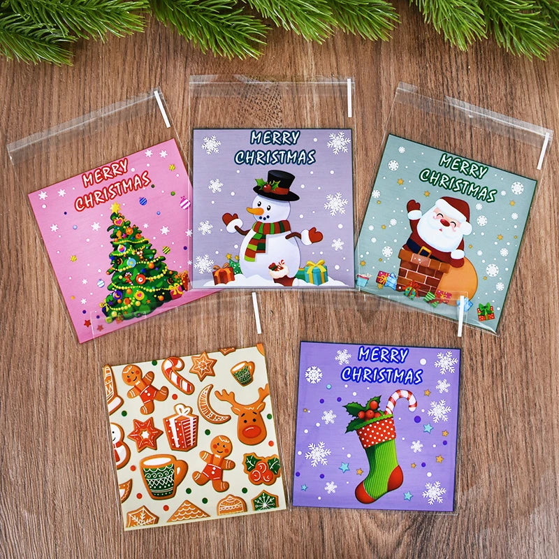 100pcs Christmas Candy Cookie Bags Cartoon Santa Claus Biscuit Gift Packaging Bag 2024 Merry Xmas Navidad Party Favor Supplies