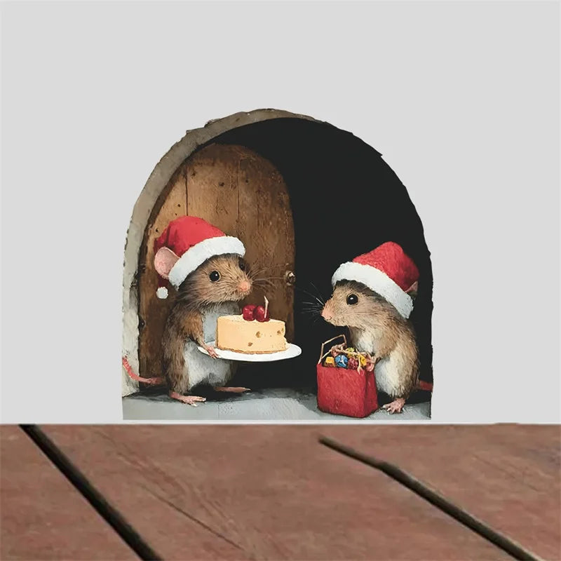1PC 3D Effect Personalized Mouse Hole Sticker Cartoon Christmas Mouse Hole PVC Wall Stickers DIY Living Room Home Decoration