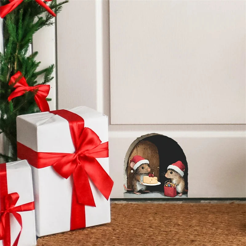 1PC 3D Effect Personalized Mouse Hole Sticker Cartoon Christmas Mouse Hole PVC Wall Stickers DIY Living Room Home Decoration