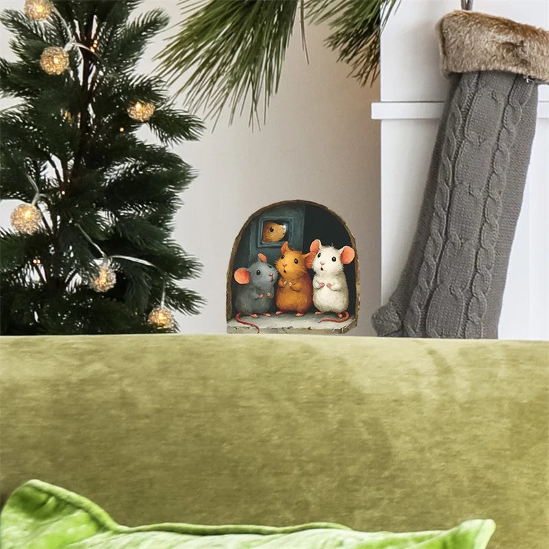 1PC 3D Effect Personalized Mouse Hole Sticker Cartoon Christmas Mouse Hole PVC Wall Stickers DIY Living Room Home Decoration