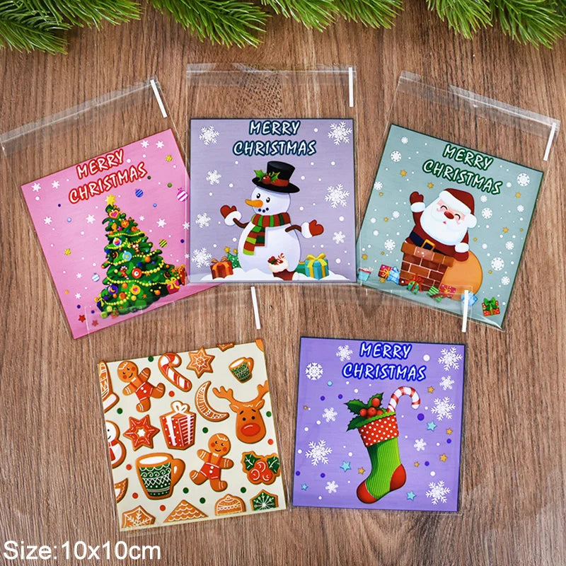 100pcs Christmas Candy Cookie Bags Cartoon Santa Claus Biscuit Gift Packaging Bag 2024 Merry Xmas Navidad Party Favor Supplies