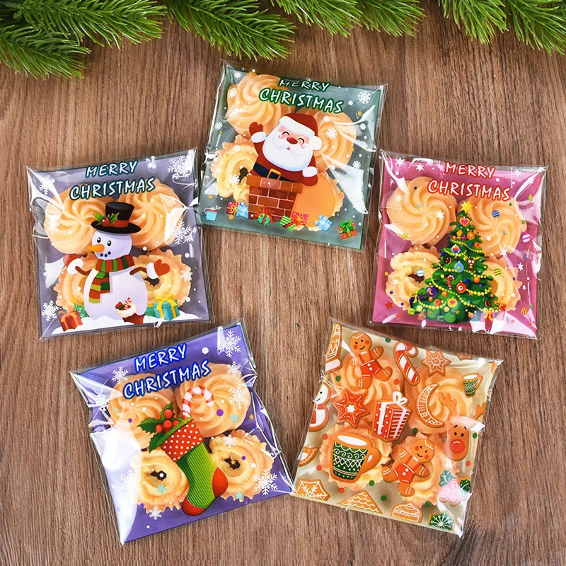 100pcs Christmas Candy Cookie Bags Cartoon Santa Claus Biscuit Gift Packaging Bag 2024 Merry Xmas Navidad Party Favor Supplies