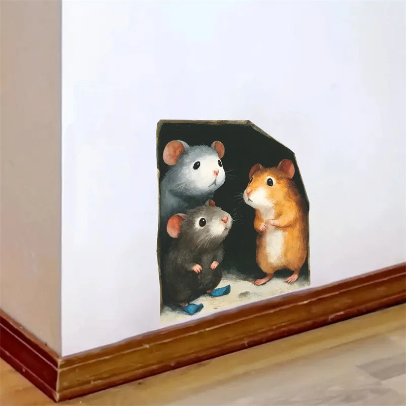 1PC 3D Effect Personalized Mouse Hole Sticker Cartoon Christmas Mouse Hole PVC Wall Stickers DIY Living Room Home Decoration