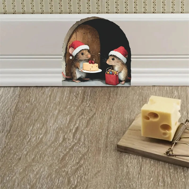 1PC 3D Effect Personalized Mouse Hole Sticker Cartoon Christmas Mouse Hole PVC Wall Stickers DIY Living Room Home Decoration