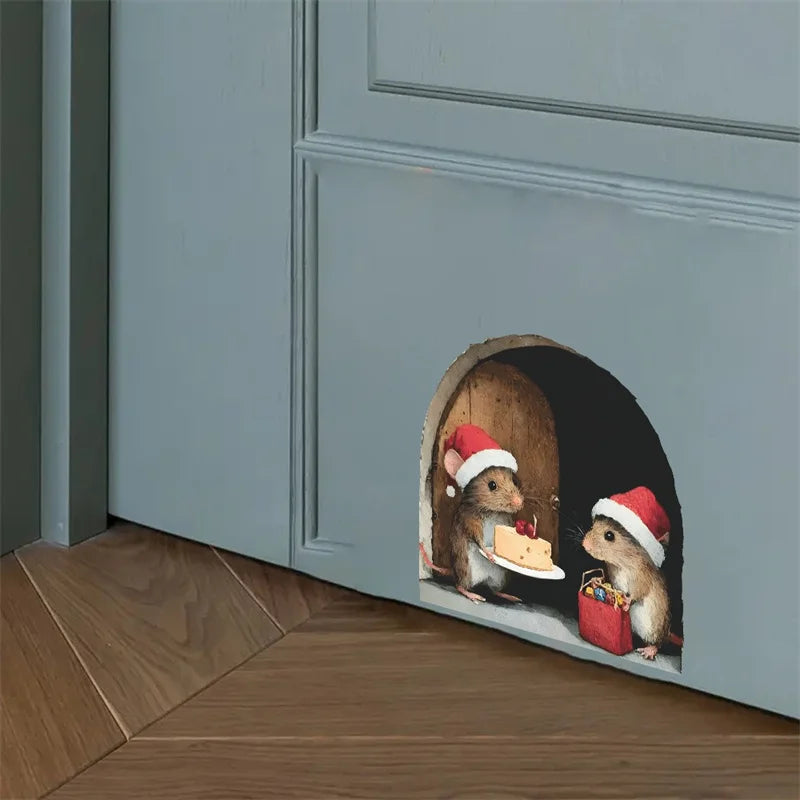 1PC 3D Effect Personalized Mouse Hole Sticker Cartoon Christmas Mouse Hole PVC Wall Stickers DIY Living Room Home Decoration