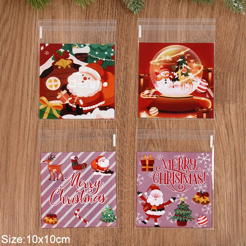 100pcs Christmas Candy Cookie Bags Cartoon Santa Claus Biscuit Gift Packaging Bag 2024 Merry Xmas Navidad Party Favor Supplies
