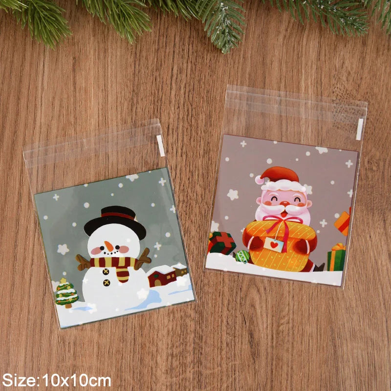 100pcs Christmas Candy Cookie Bags Cartoon Santa Claus Biscuit Gift Packaging Bag 2024 Merry Xmas Navidad Party Favor Supplies
